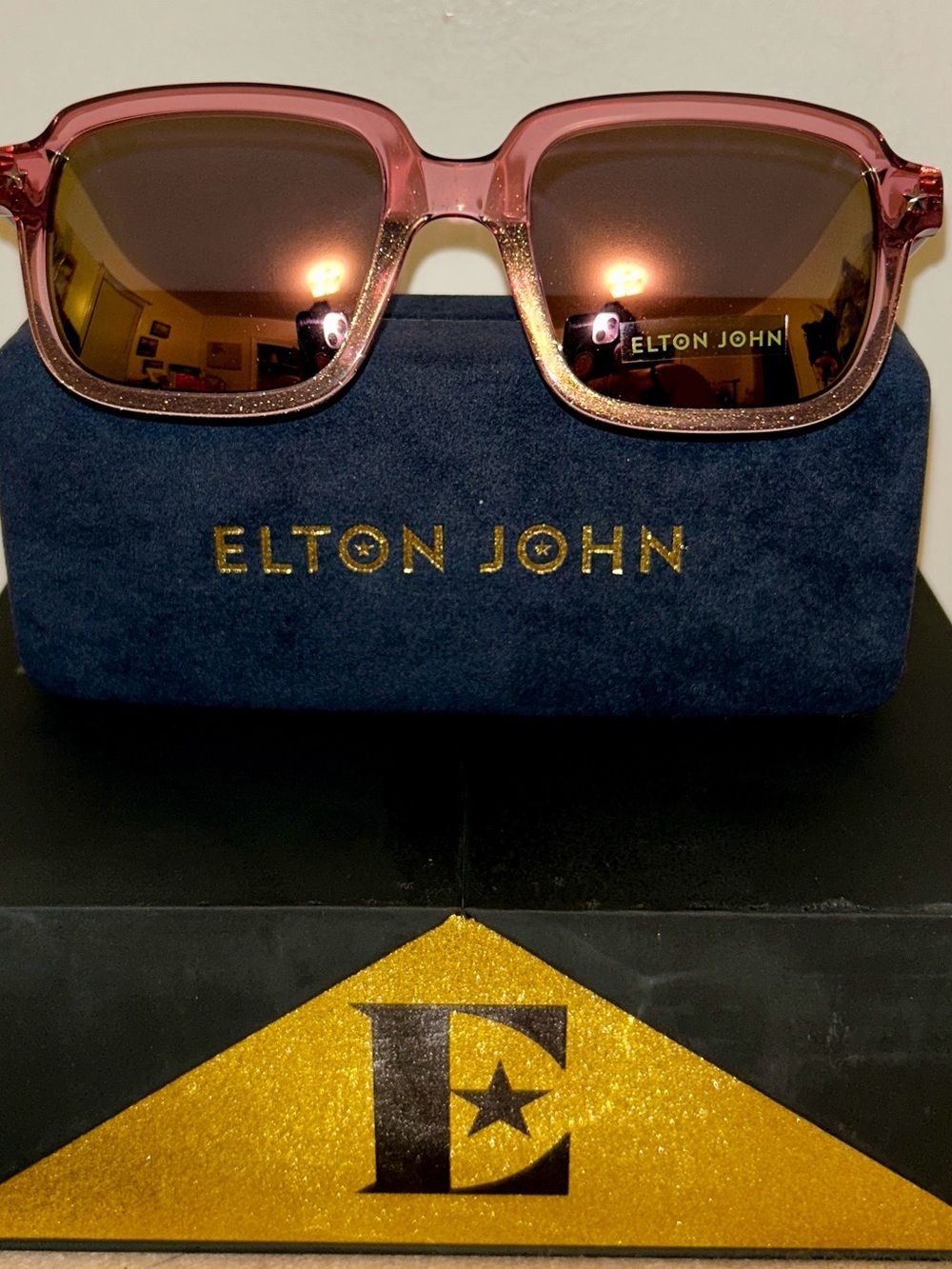 NIB Elton John Master Collection sunglasses. Pink Glitter Frame & Gold Mirroring - Picture 8 of 15
